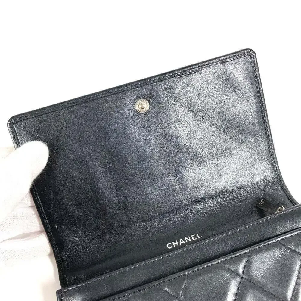CHANEL Authentic Black Leather Logo Wallet